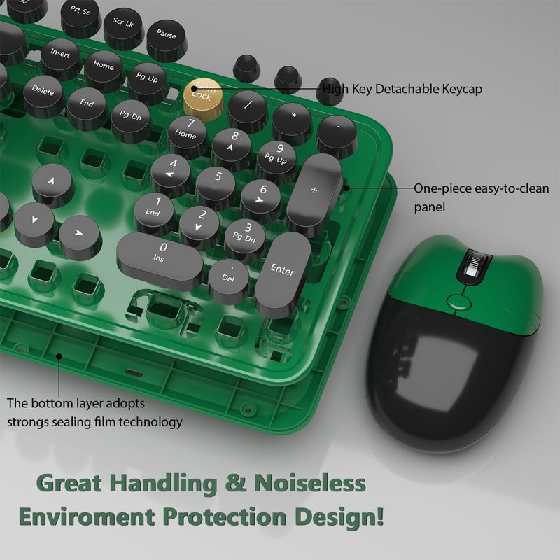 Kootop Wireless Keyboard,Cute Colorful 104 Keys Typewriter Retro Round Keycaps Keyboard for PC Laptop,Desktop,Windows, Home and Office Keyboards (Black Green) - Image 2